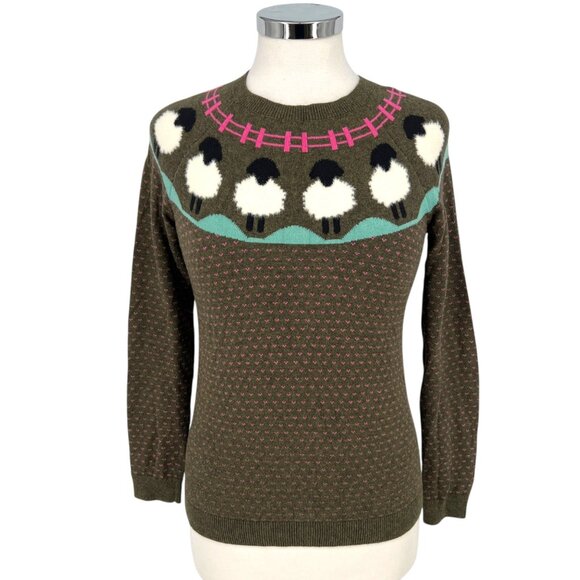 Talbots Sheep Yoke Raglan Crewneck Pullover Green Pink Size Small Petite - Picture 1 of 11